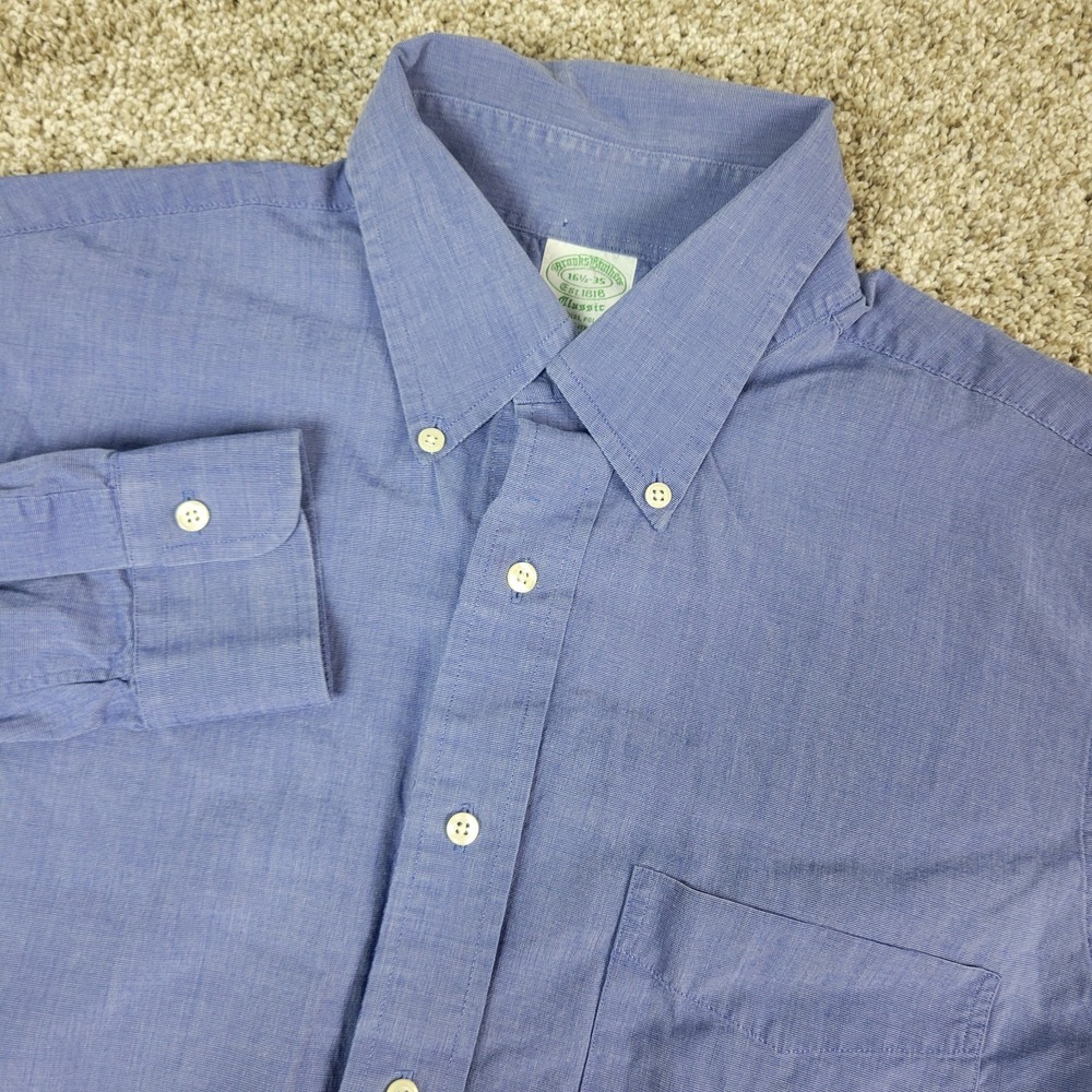 Brooks Brothers Classic Mens‎ 16.5-35 Solid Blue Button Down Long Sleeve